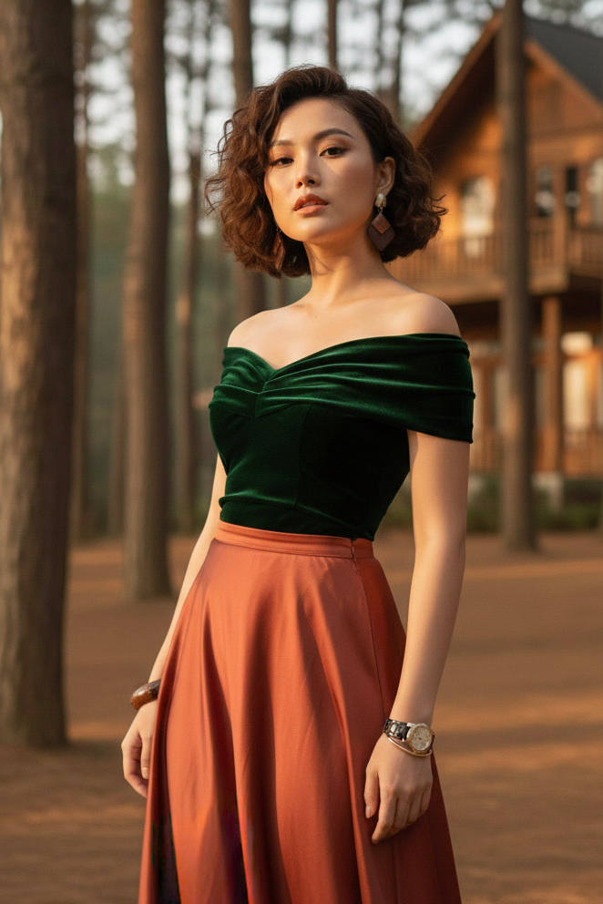 Áo trễ vai hở lưng nhung xanh thời trang Hity