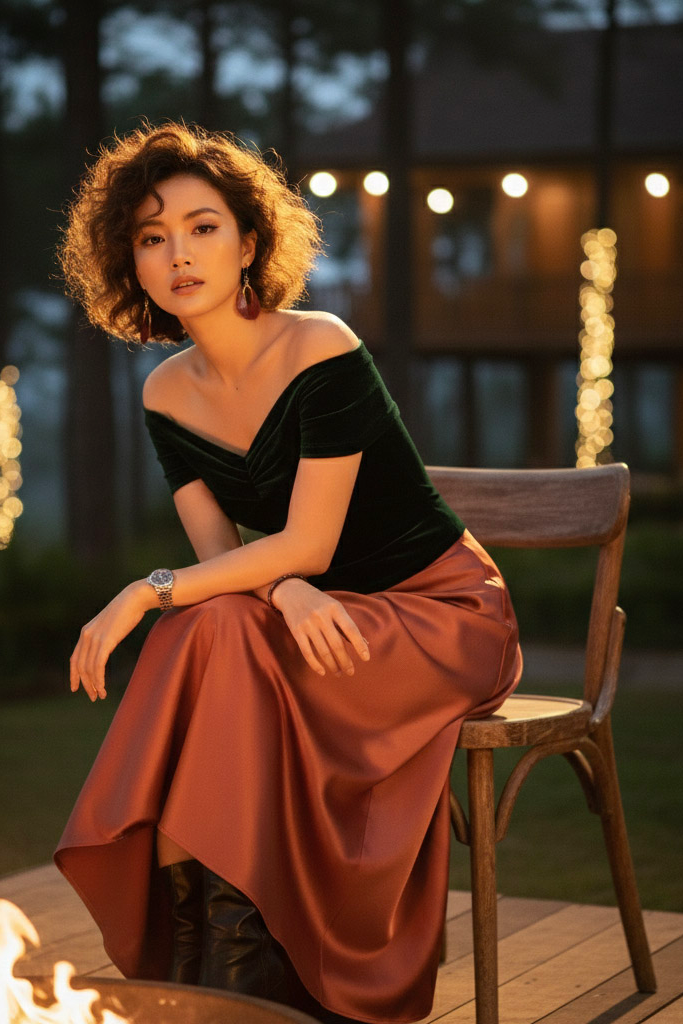 Áo trễ vai hở lưng nhung xanh thời trang Hity