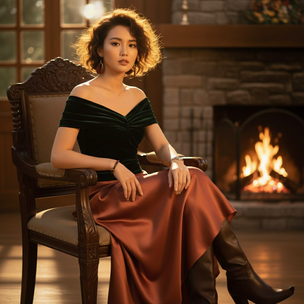 Áo trễ vai hở lưng nhung xanh thời trang Hity