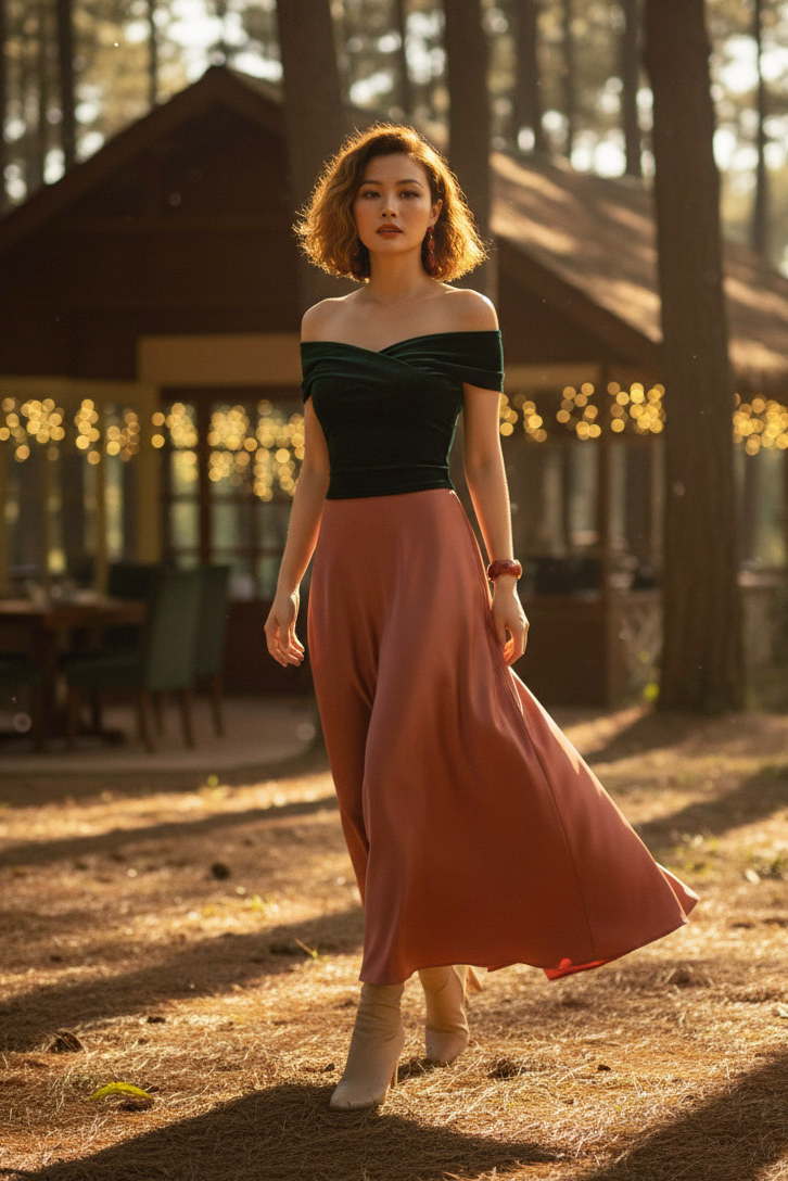 Áo trễ vai hở lưng nhung xanh thời trang Hity