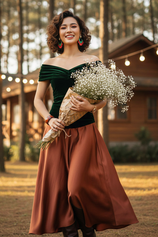 Áo trễ vai hở lưng nhung xanh thời trang Hity