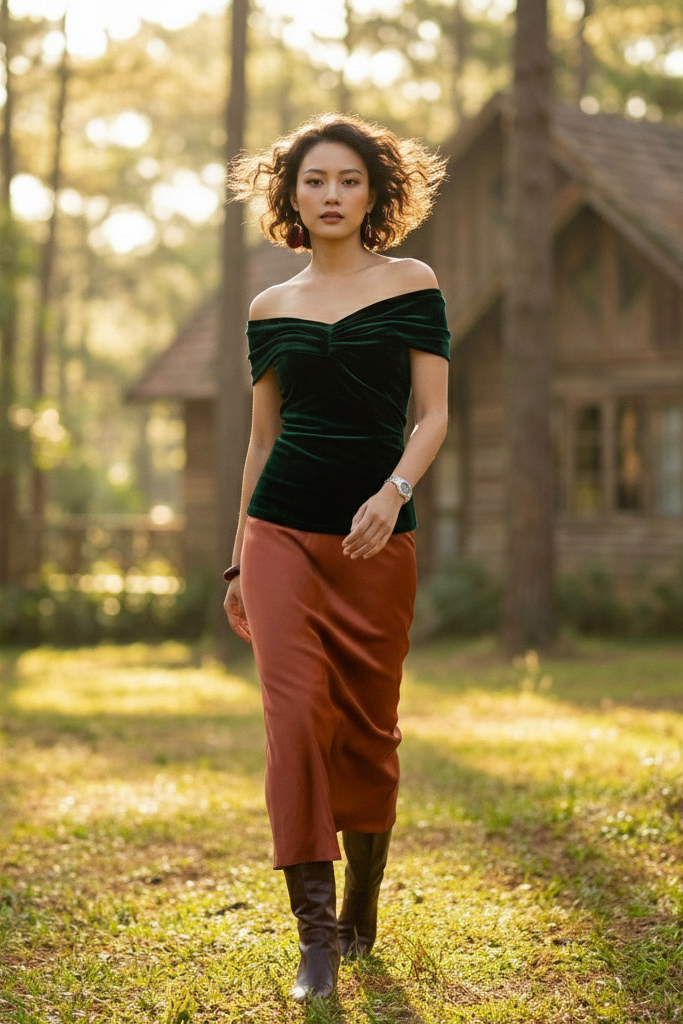 Áo trễ vai hở lưng nhung xanh thời trang Hity