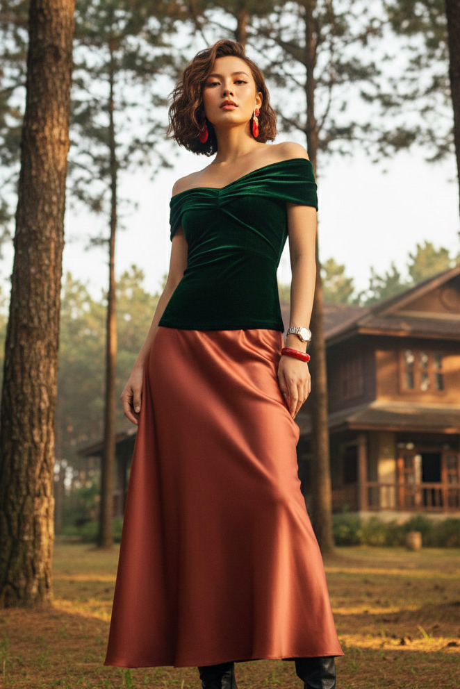 Áo trễ vai hở lưng nhung xanh thời trang Hity