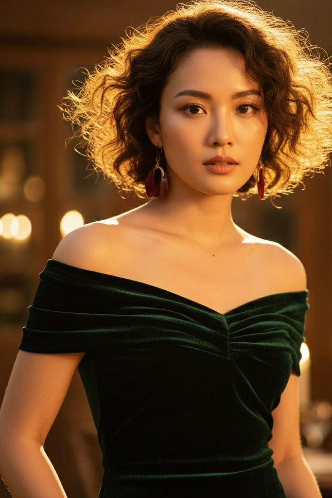 Áo trễ vai hở lưng nhung xanh thời trang Hity