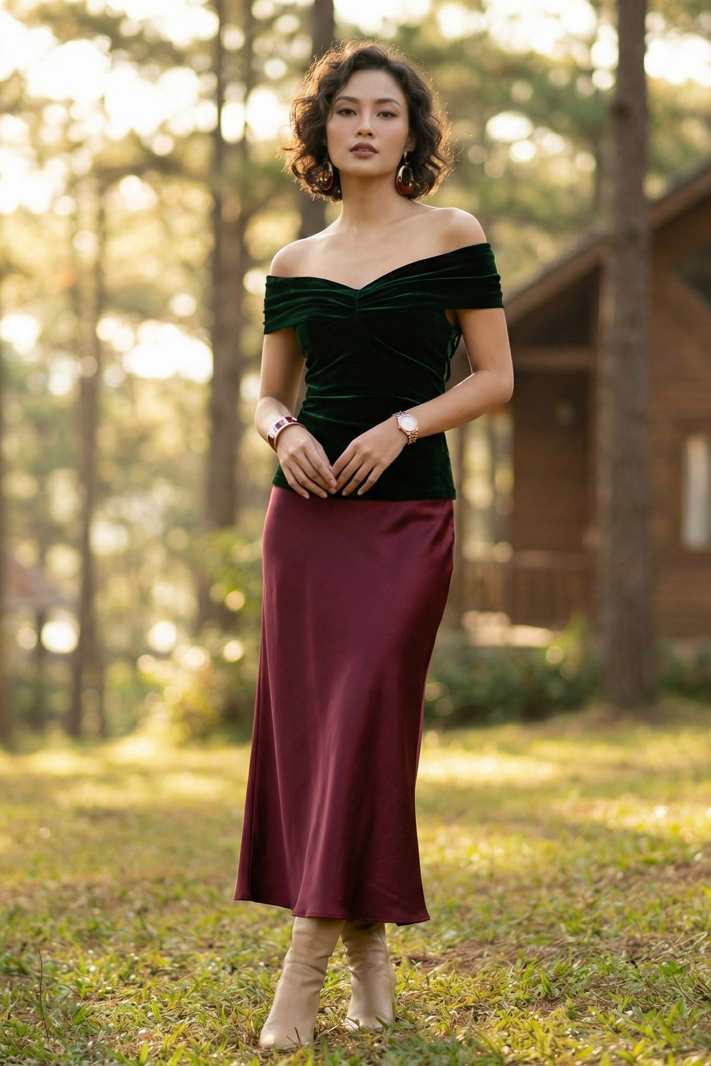 Áo trễ vai hở lưng nhung xanh thời trang Hity