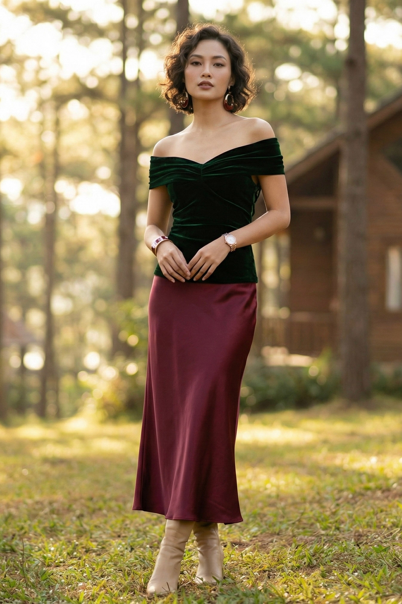 Áo trễ vai hở lưng nhung xanh thời trang Hity