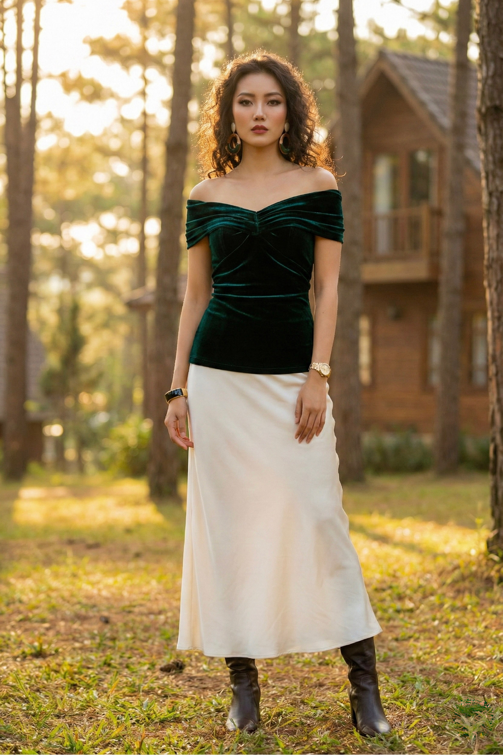 Áo trễ vai hở lưng nhung xanh thời trang Hity