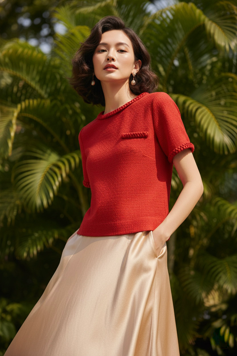 Áo tweed đỏ dáng ngắn tếch sam thủ công thời trang Hity