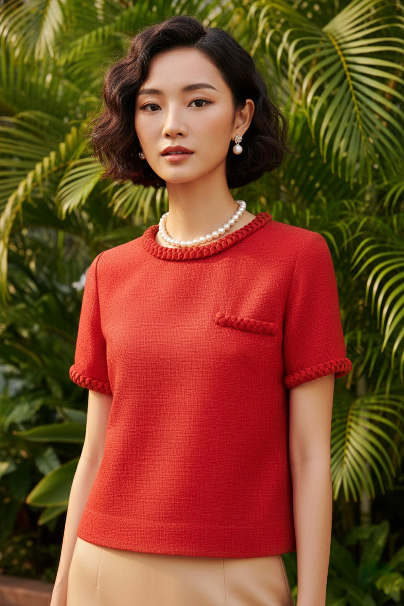 Áo tweed đỏ dáng ngắn tếch sam thủ công thời trang Hity