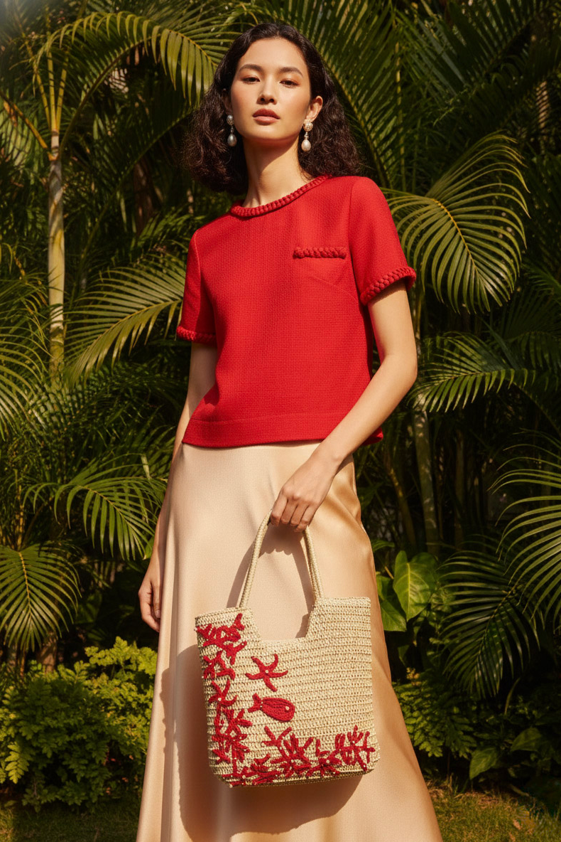 Áo tweed đỏ dáng ngắn tếch sam thủ công thời trang Hity