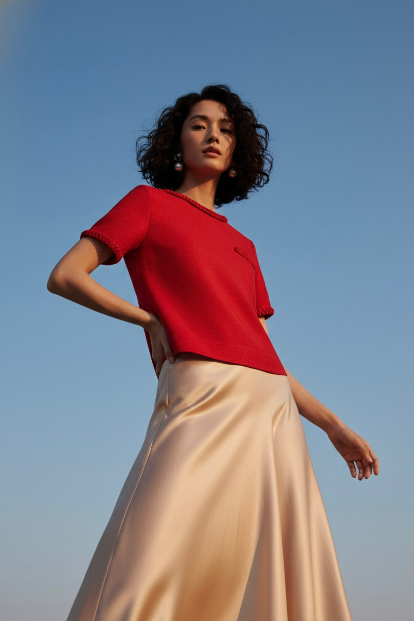 Áo tweed đỏ dáng ngắn tếch sam thủ công thời trang Hity