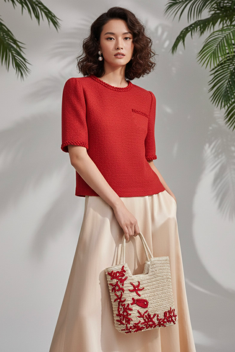 Áo tweed đỏ dáng ngắn tếch sam thủ công thời trang Hity