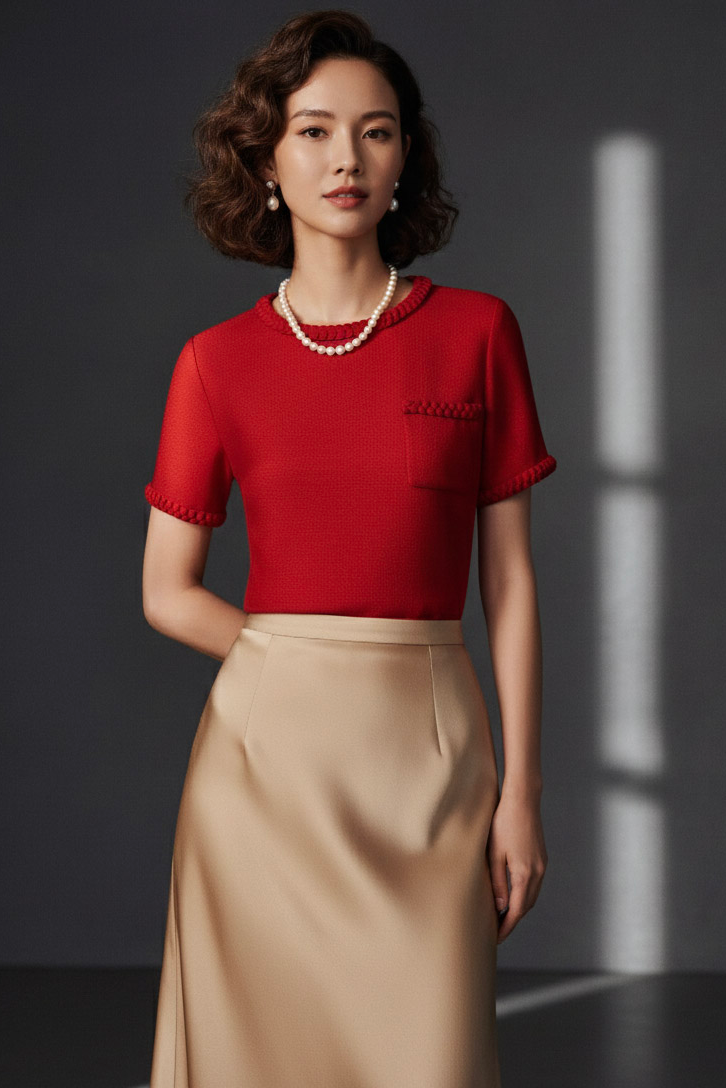 Áo tweed đỏ dáng ngắn tếch sam thủ công thời trang Hity