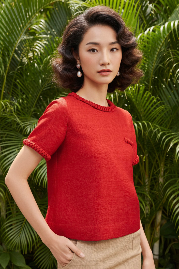 Áo tweed đỏ dáng ngắn tếch sam thủ công thời trang Hity