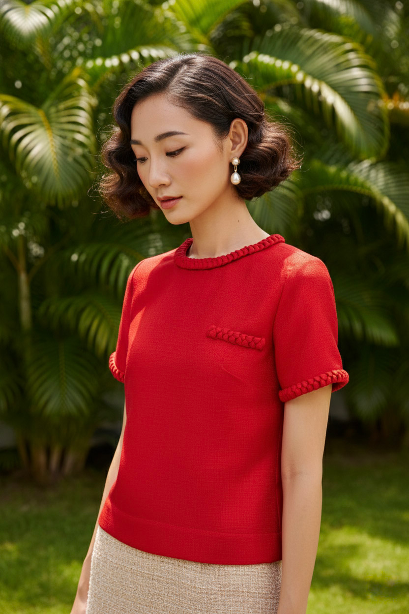 Áo tweed đỏ dáng ngắn tếch sam thủ công thời trang Hity