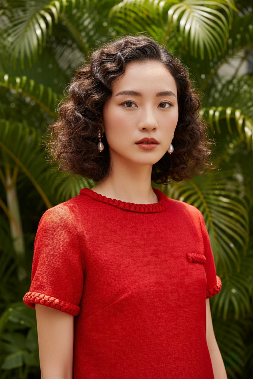 Áo tweed đỏ dáng ngắn tếch sam thủ công thời trang Hity