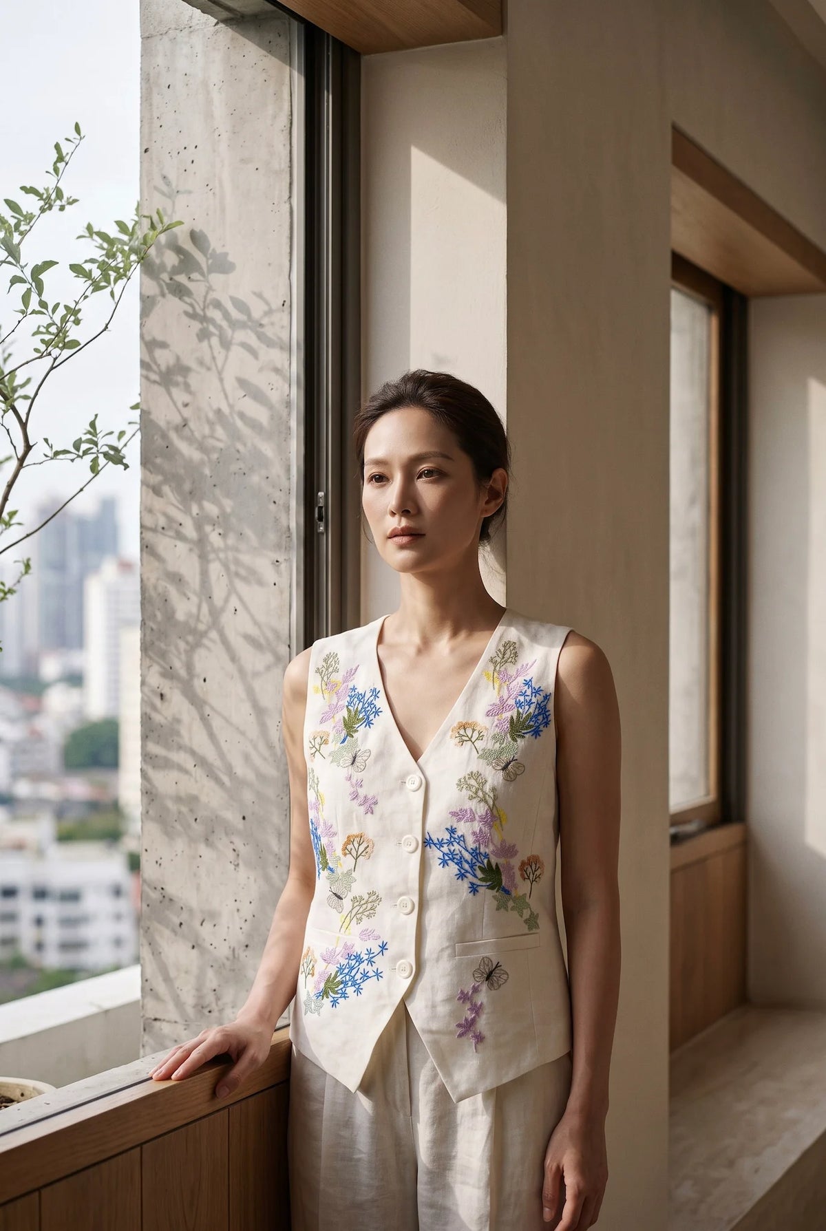 Hand-Embroidered Linen Vest