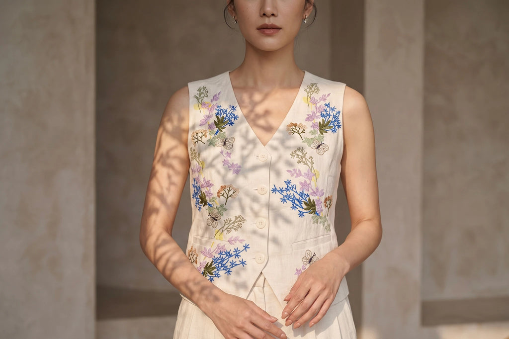 Hand-Embroidered Linen Vest