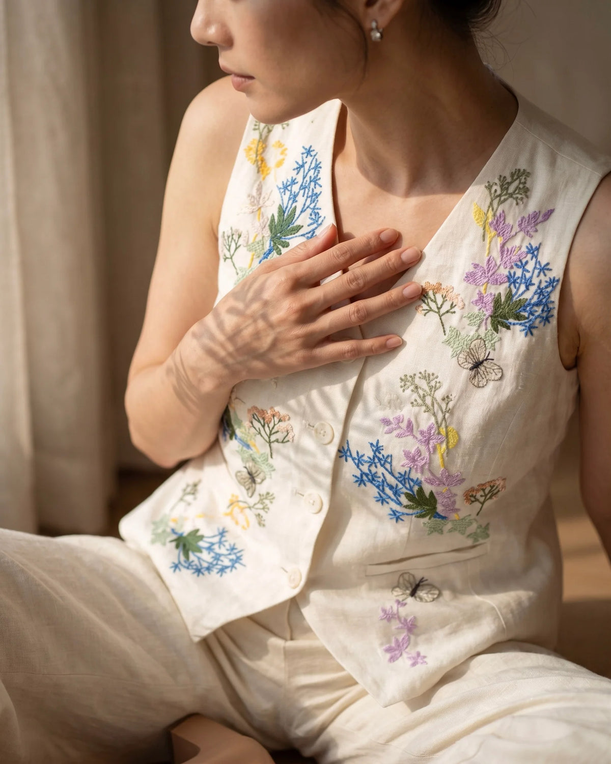 Hand-Embroidered Linen Vest