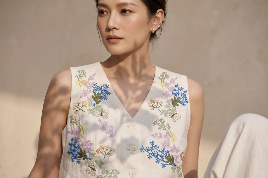 Hand-Embroidered Linen Vest