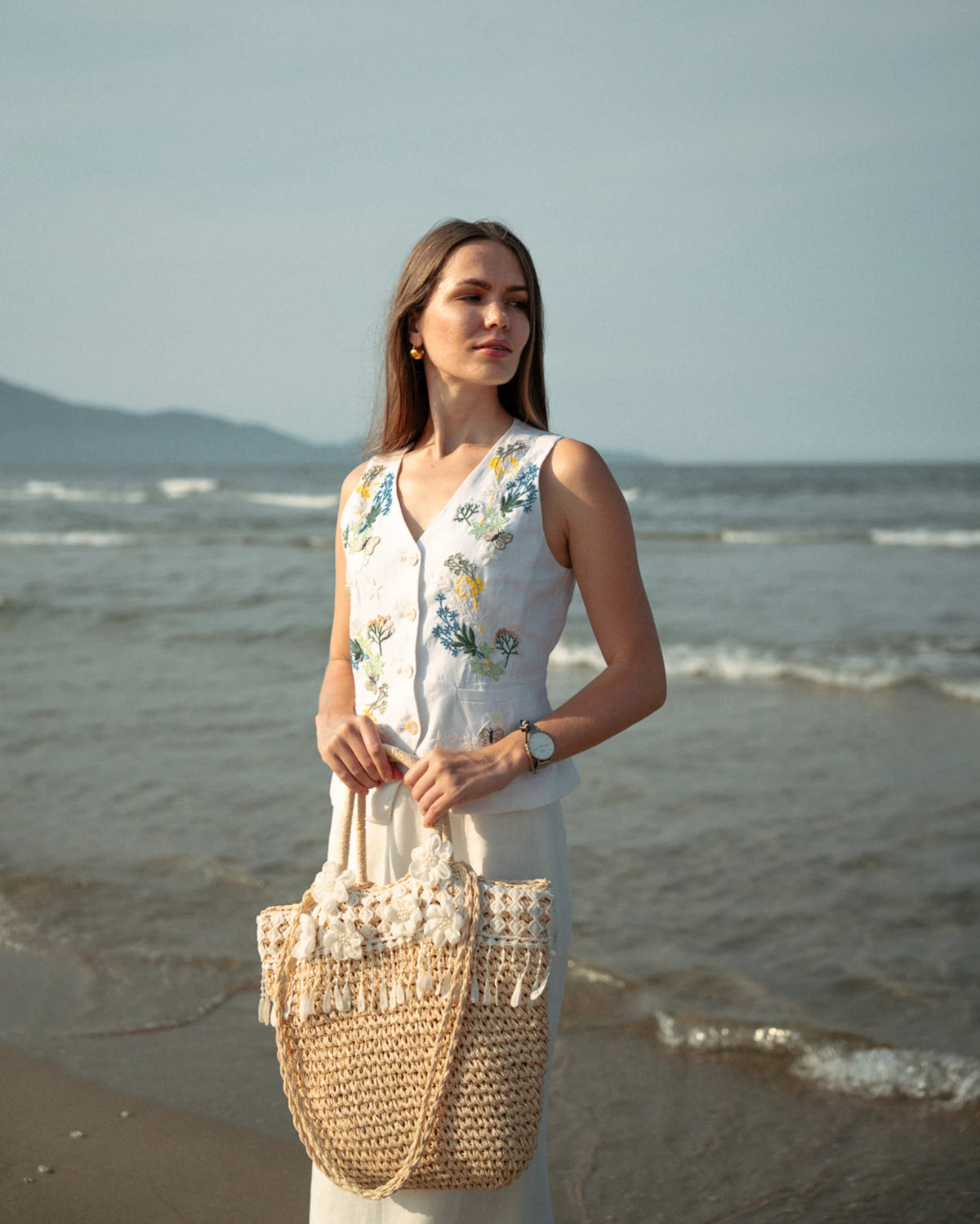 Hand-Embroidered Linen Vest