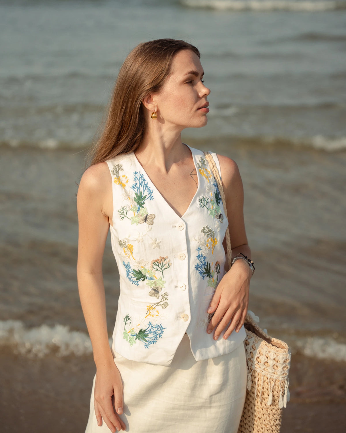 Hand-Embroidered Linen Vest