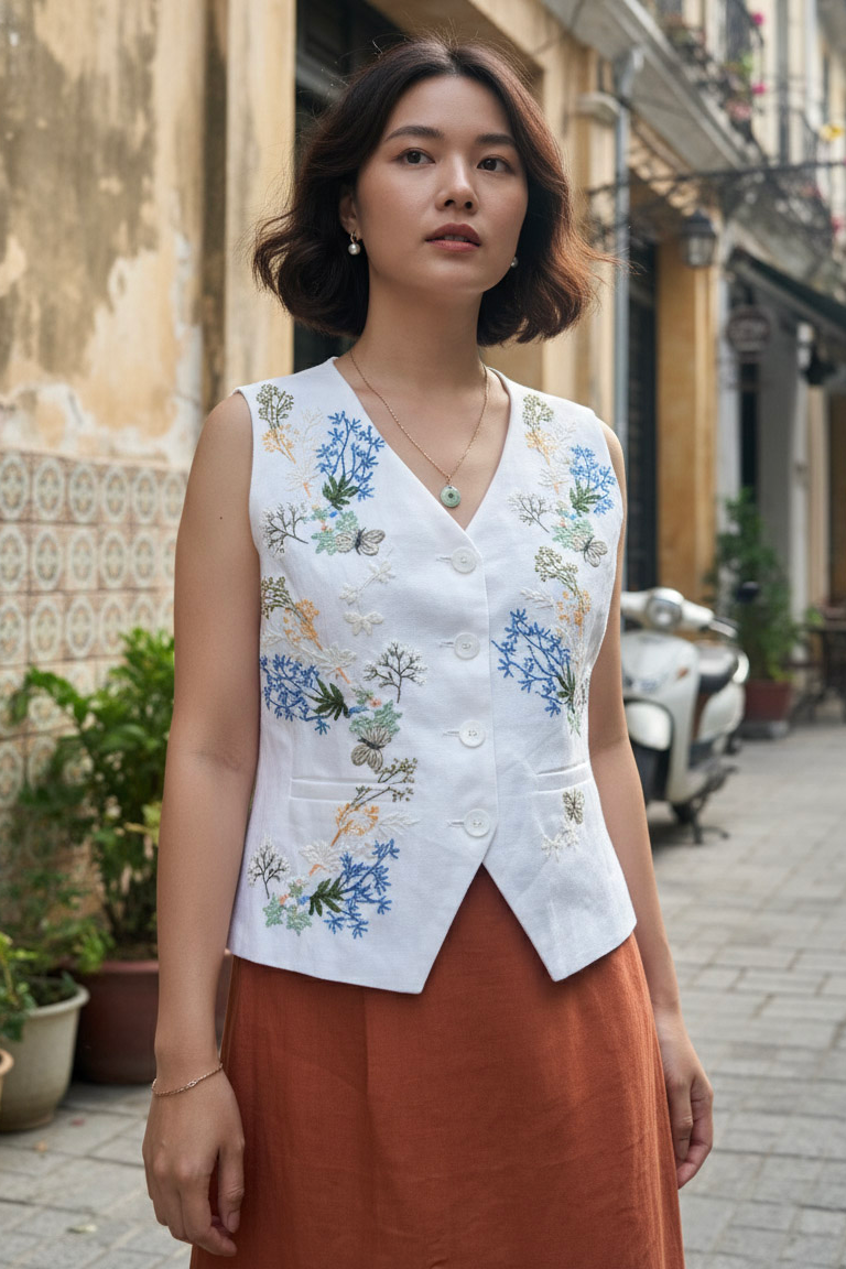 Áo vest linen thêu tay Mơ thời trang Hity