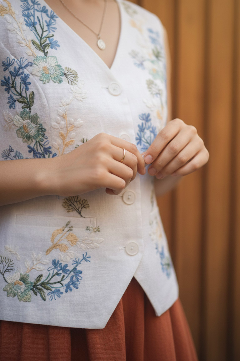 Áo vest linen thêu tay Mơ thời trang Hity