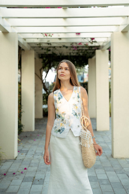 Áo vest ghi lê linen trắng thêu tay thời trang Hity