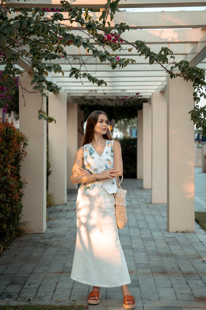Áo vest ghi lê linen trắng thêu tay thời trang Hity