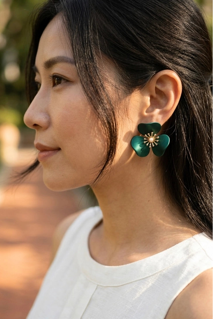 Bông tai nụ hoa xanh statement thời trang Hity