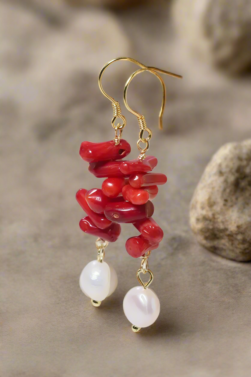 Bông tai san hô đỏ ngọc trai baroque thời trang Hity