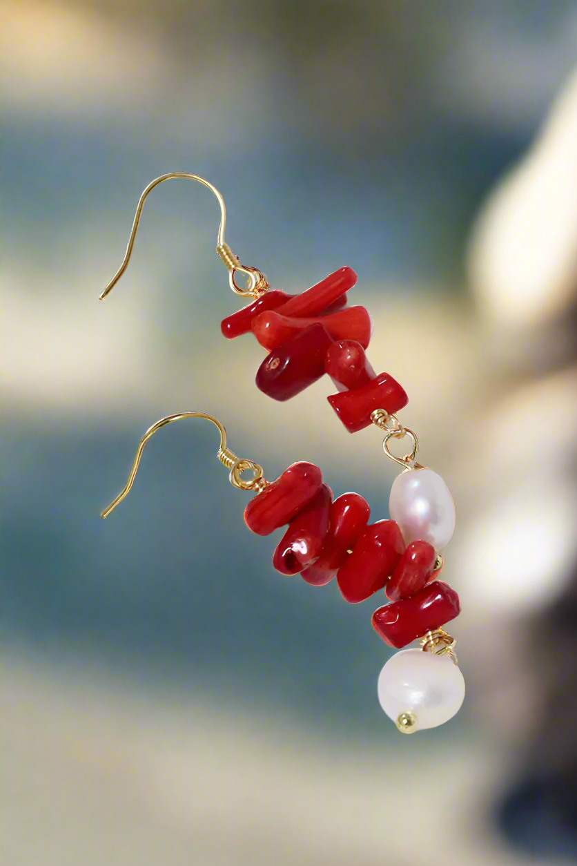 Bông tai san hô đỏ ngọc trai baroque thời trang Hity