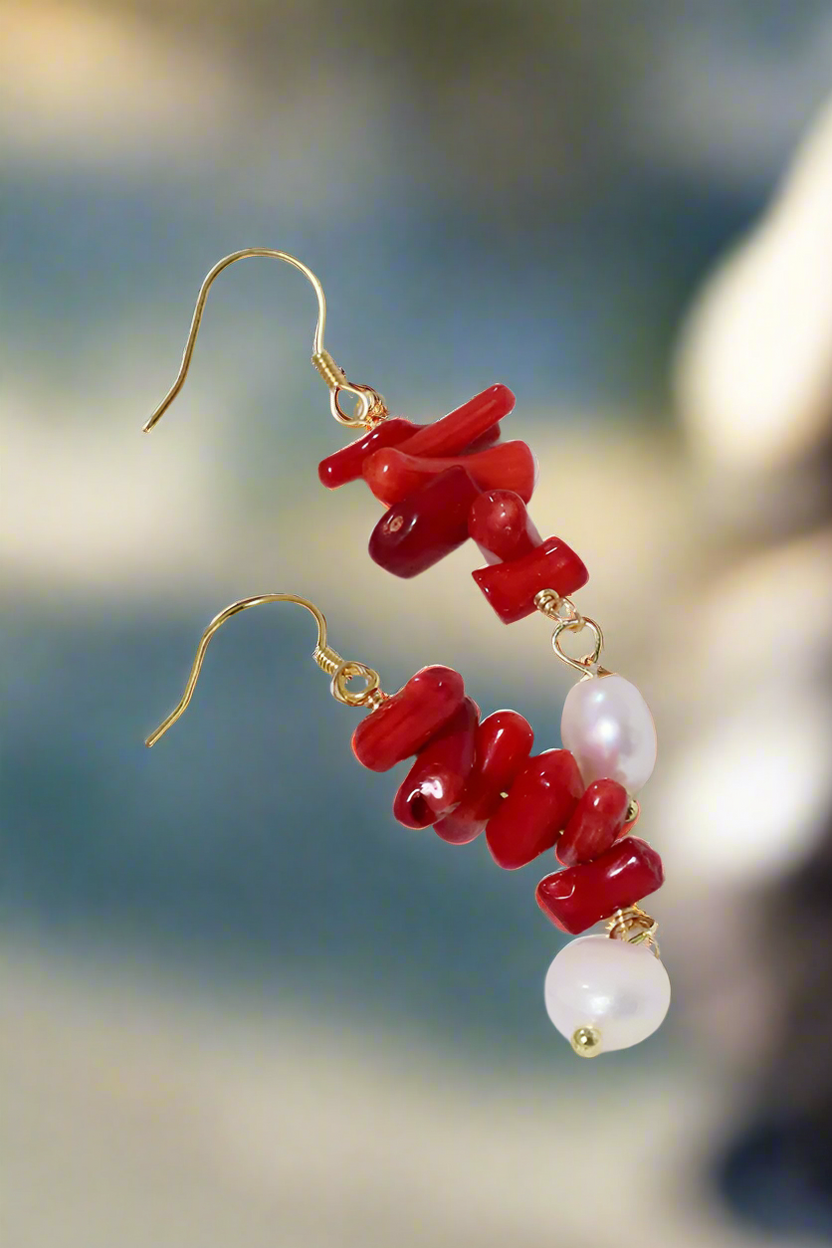 Bông tai san hô đỏ ngọc trai baroque thời trang Hity