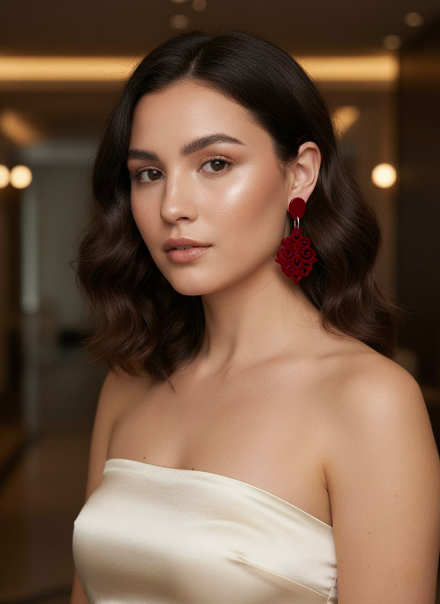 Bông tai sơn mài đỏ hoạ tiết hoa thị thời trang Hity