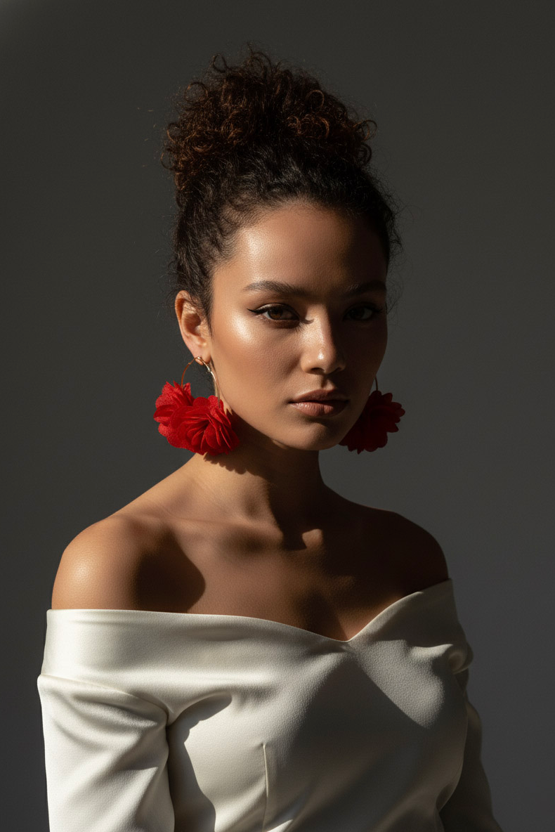 Bông tai tròn đính cánh hoa đỏ thời trang Hity