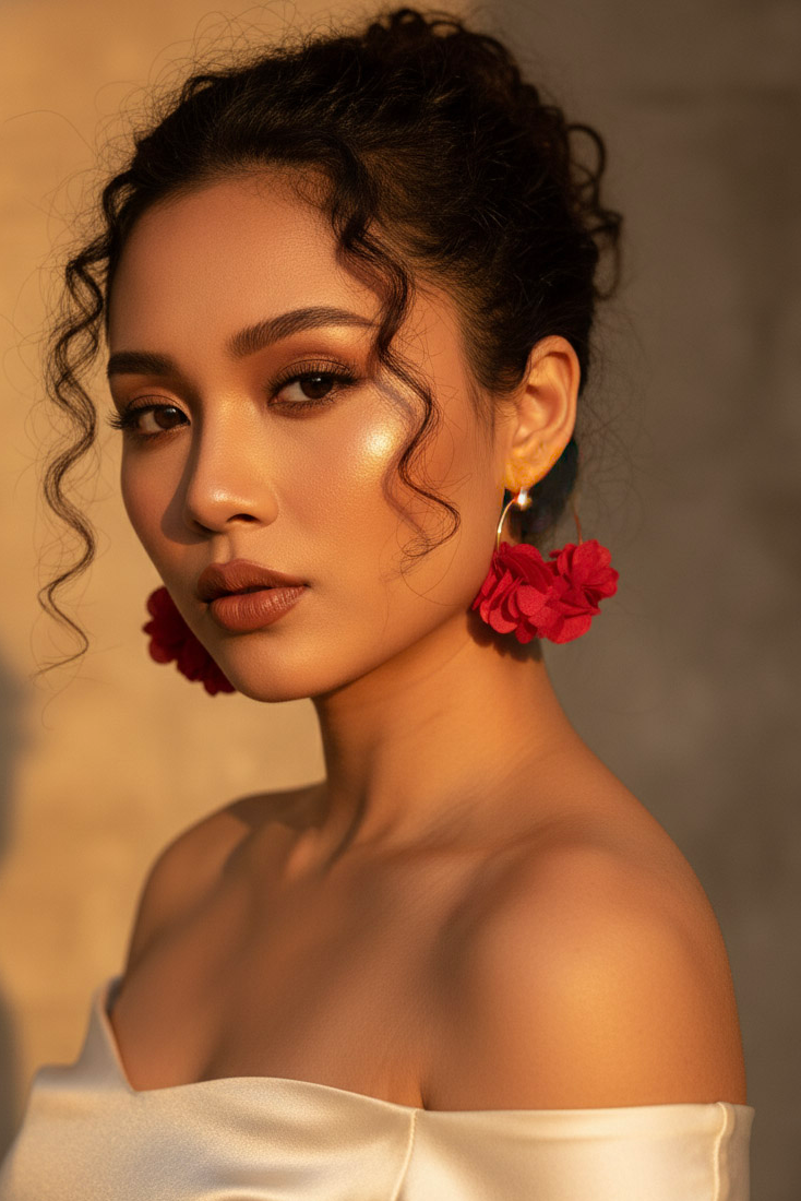 Bông tai tròn đính cánh hoa đỏ thời trang Hity