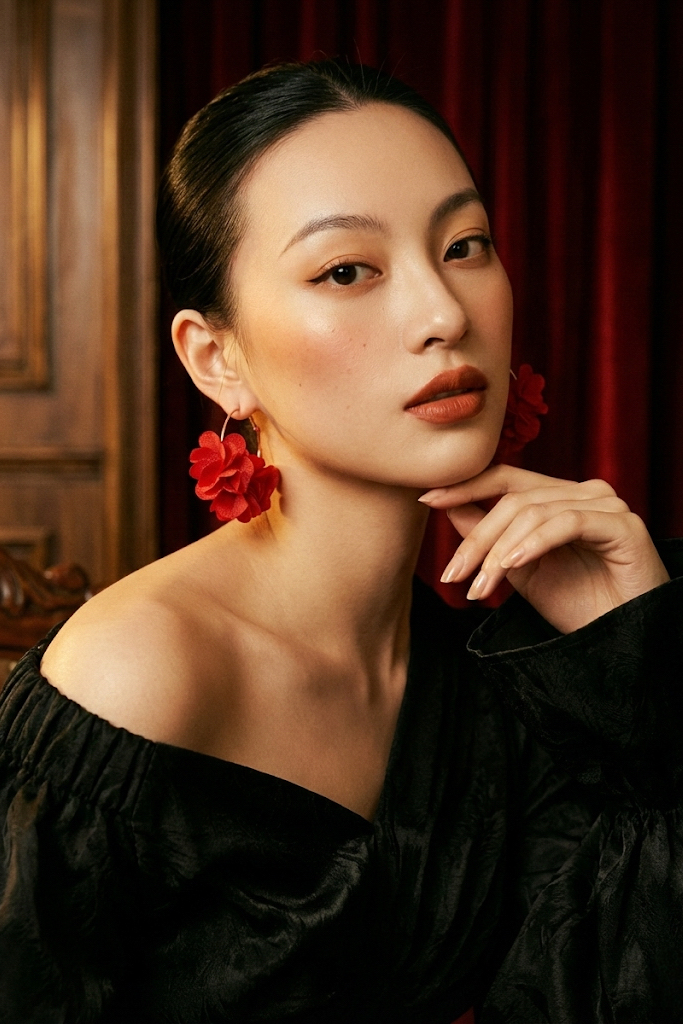 Bông tai tròn hoop hoa vải đỏ thời trang Hity