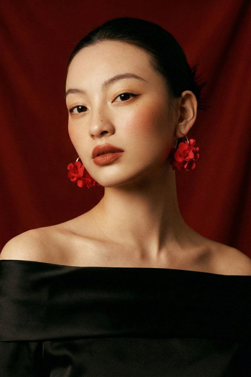 Bông tai tròn hoop hoa vải đỏ thời trang Hity