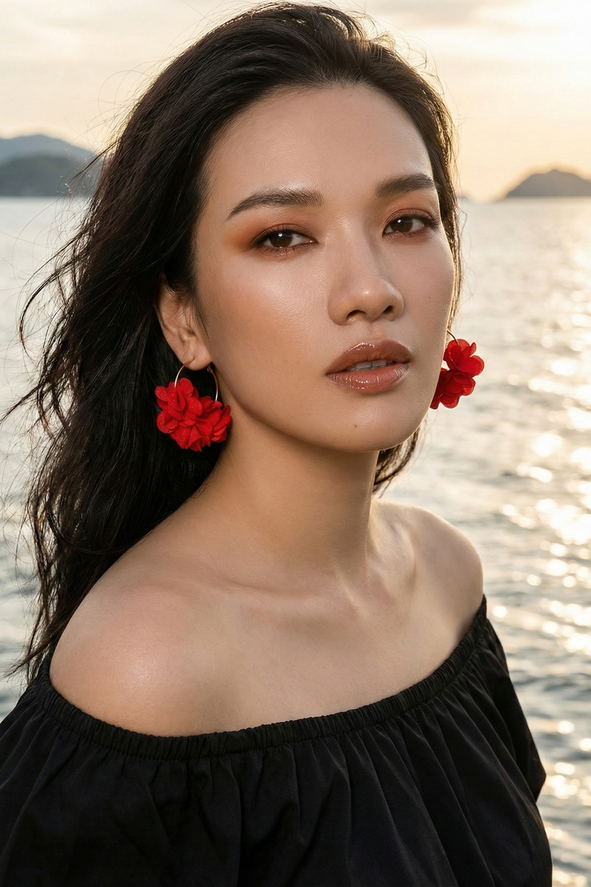 Bông tai tròn hoop hoa vải đỏ thời trang Hity