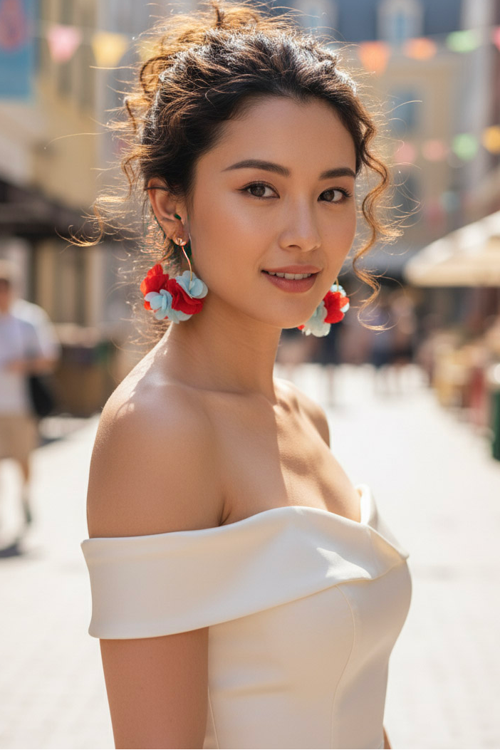 Bông tai tròn cánh hoa đỏ thời trang Hity