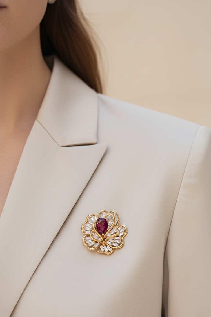 Cài áo hoa đính pha lê ruby thời trang Hity