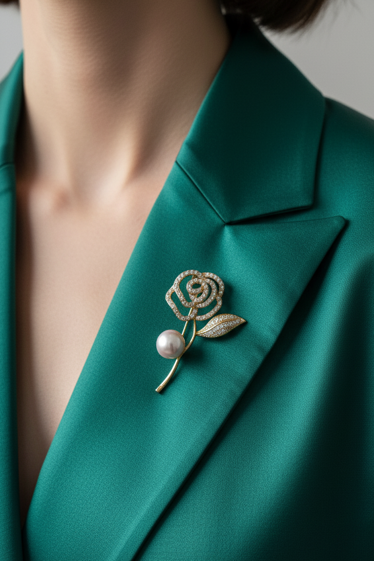 Cài áo hoa trà đính ngọc trai baroque thời trang Hity