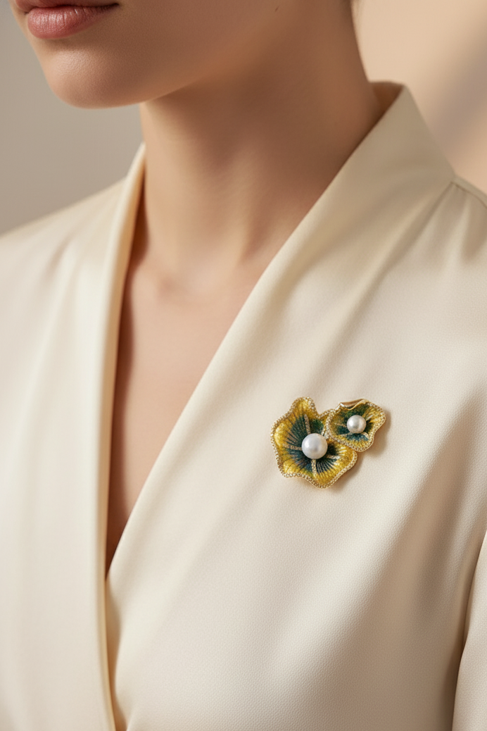 Cài áo lá sen đính ngọc trai baroque thời trang Hity