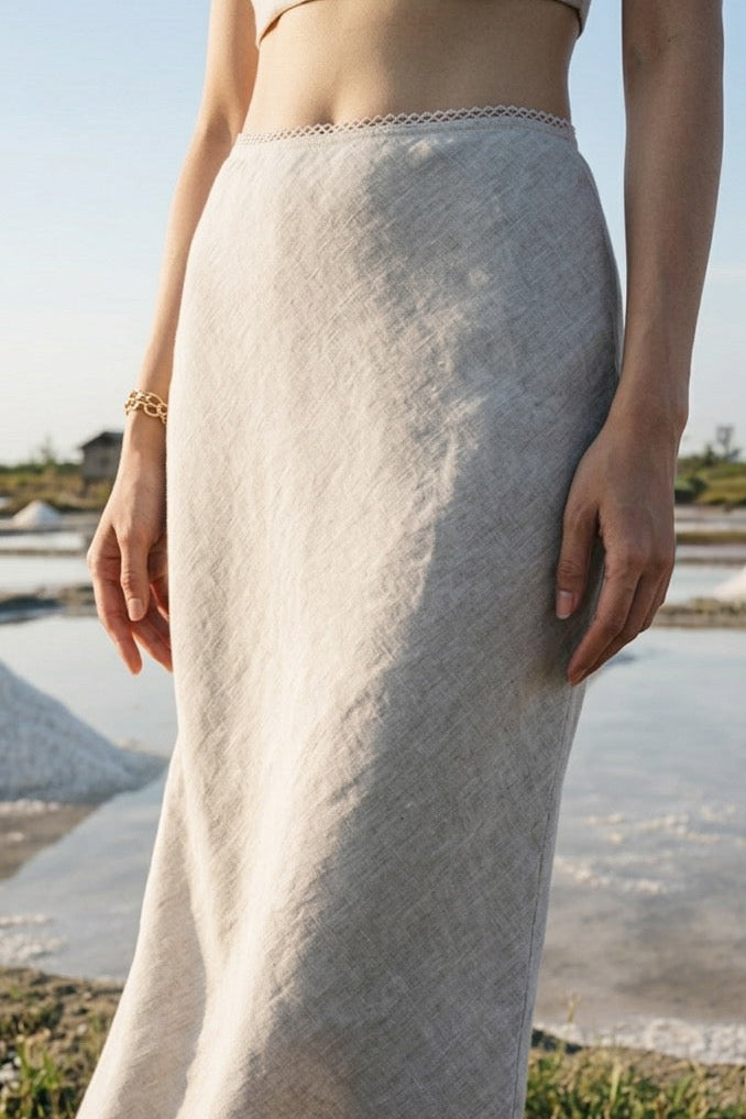 Chân váy midi đuôi cá linen muối tiêu thời trang Hity