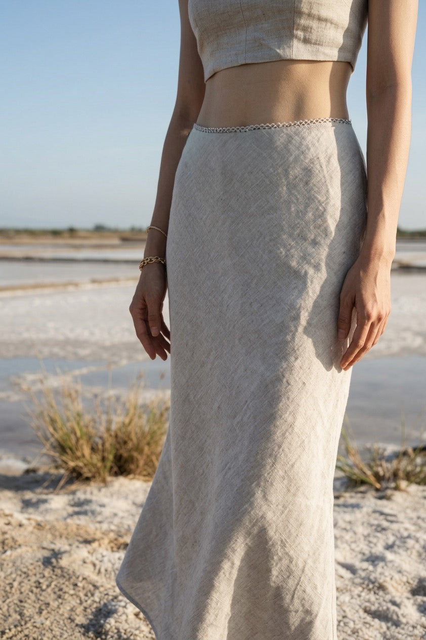 Chân váy midi đuôi cá linen muối tiêu thời trang Hity