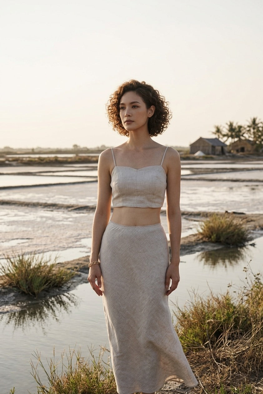 Chân váy midi đuôi cá linen muối tiêu thời trang Hity