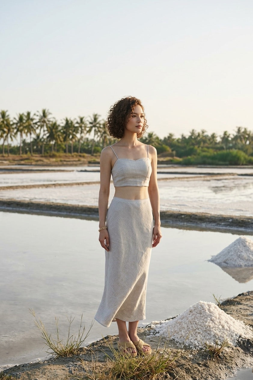 Chân váy midi đuôi cá linen muối tiêu thời trang Hity