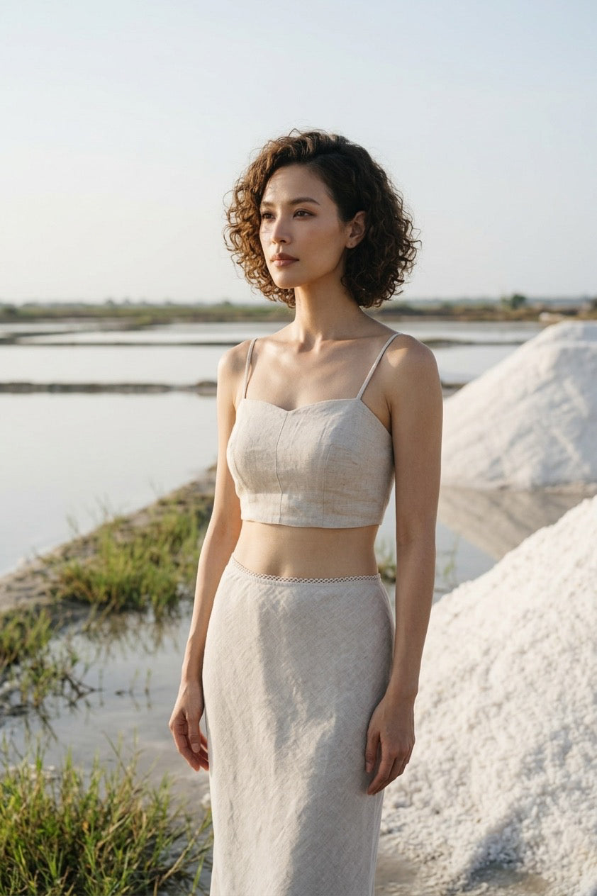 Chân váy midi đuôi cá linen muối tiêu thời trang Hity