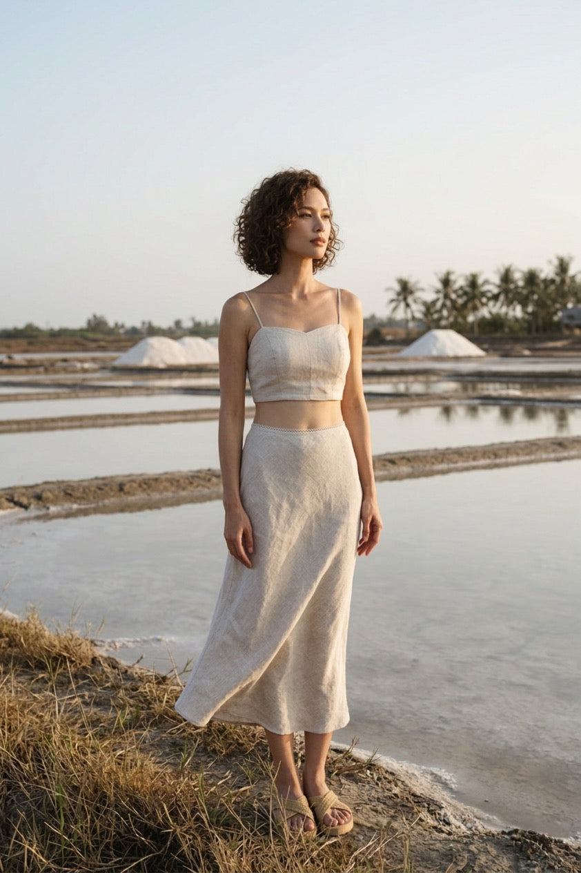 Chân váy midi đuôi cá linen muối tiêu thời trang Hity